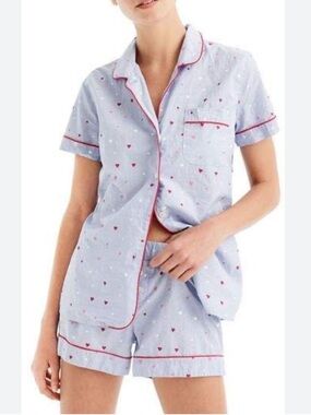 J. Crew Light Blue Heart-Print cotton Short Pajama Set with Red Trim